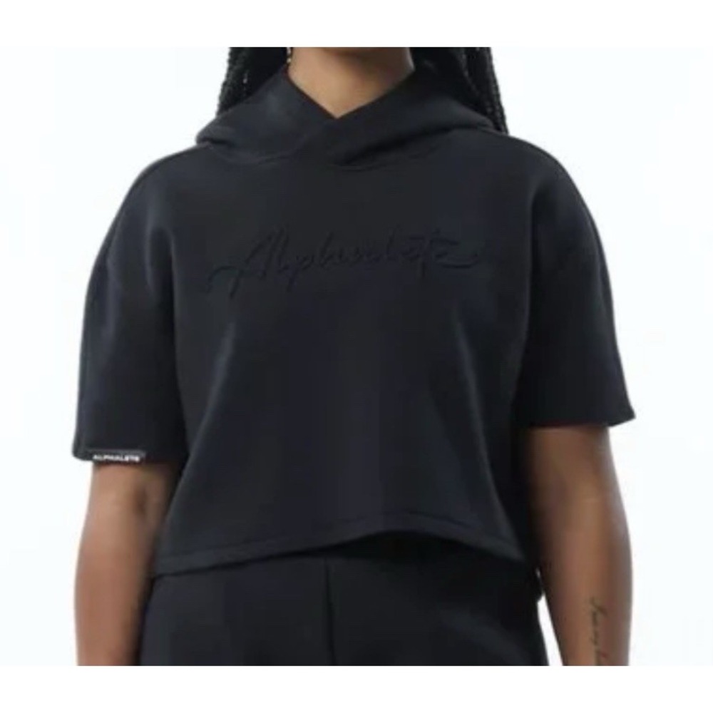 Alphalete Woman's  Large ELMTS Short Sleeve Crop Hoodie Black Pants‎ Athleisure